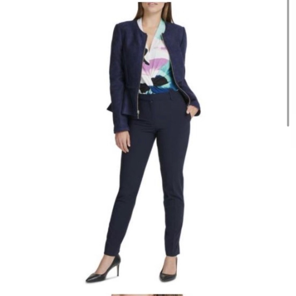 DKNY Faux-Suede Zip-Front Peplum Jacket Blue 4